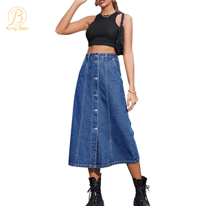 OEM ODM cintura média feminina personalizada casual botão de cintura alta elegante saia longa midi jeans para mulheres fábrica de jeans