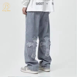 Bem-vindo OEM ODM venda quente jeans personalizados moda streetwear hip hop cintura baixa calças jeans largas calças jeans masculinas cruzadas