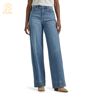 OEM ODM elegante mulher solta baggy azul lavado botão jeans reto casual wear jeans para venda calça feminina