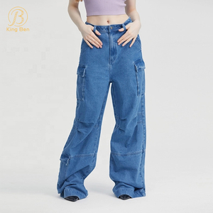 OEM ODM Denim Ladies Street Wear Cargo Pocket Jeans Calças Mid Rise Boyfriend Straight Leg Cargo Jean Calças