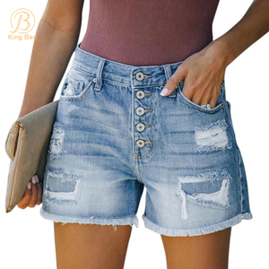 OEM ODM verão bolso borla buraco rasgado jeans vintage casual conforto denim botão calças shorts femininos jeans