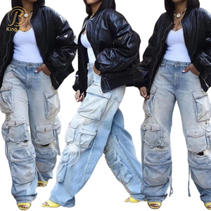 OEM ODM recém-chegados jeans femininos moda high street mulheres treino bolso calças jeans lavadas jeans cargo para mulheres