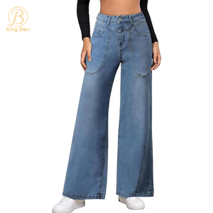 O best-seller Jean Pants da fábrica do ODM do OEM para calças da sarja de Nimes das mulheres para calças soltas do alargamento da cintura alta das senhoras