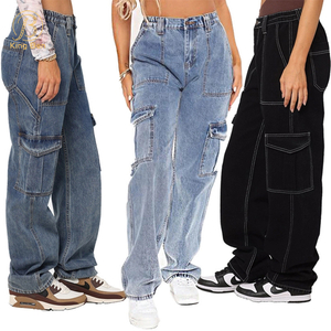 OEM ODM Novo Multi-Bolso Denim Cargo Calças Senhoras Calças Jeans Baggy Perna Larga Calças Jeans Mulher Calças Cargo Fábrica de Jeans