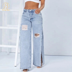 OEM ODM venda quente moda senhoras perna larga calças jeans jeans fenda lateral fábrica de jeans
