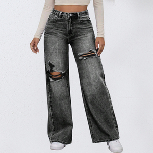 OEM ODM Venda Quente Personalizado Gry Jeans Rasgados Mulheres Jeans Soltos de Alta Qualidade Calças Jeans de Cintura Alta Para Mulheres