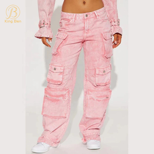 OEM ODM fabricante bolso cintura baixa streetwear baggy denim senhoras calça de carga longa e larga para mulheres jeans