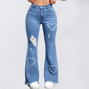 Mais recente design de padrão de amor logotipo personalizado OEM ODM serviço jeans alargados calças femininas slim fit jeans